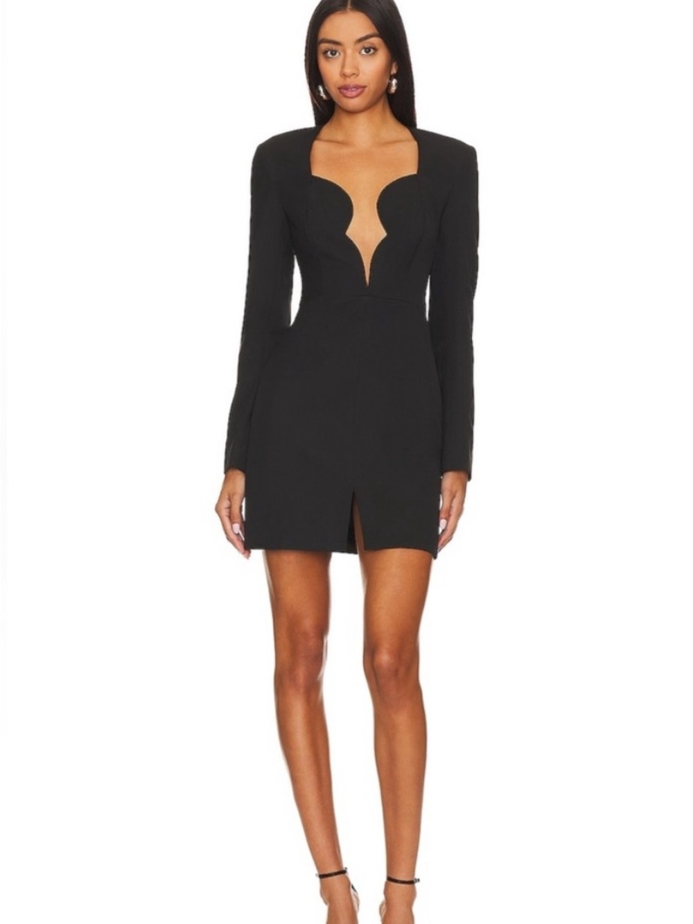 Bardot Audrina Black Long-Sleeve Mini Dress with Scallop Plunge